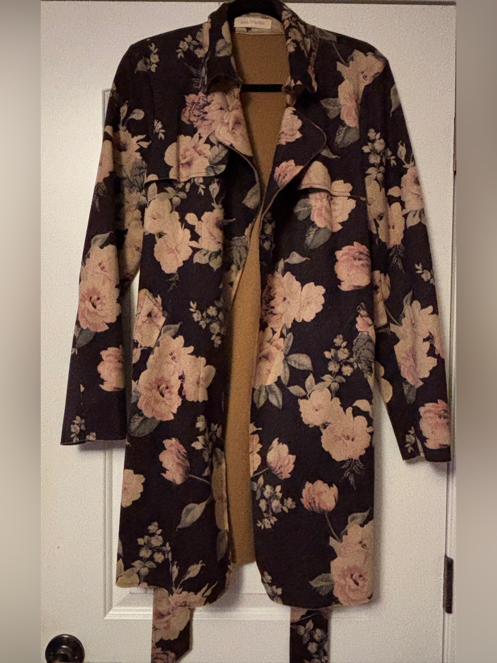 Solitaire Black Trench Coat with Pink Floral Print